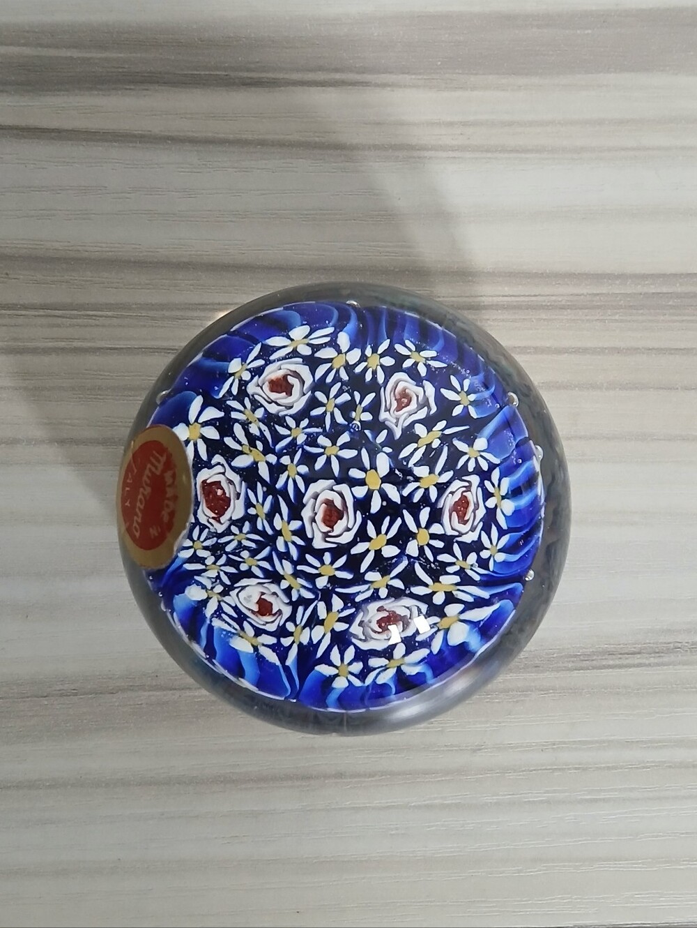 Vtg Murano Italy Millefiori Art Glass Paperweight Blue Red White Yellow Canes